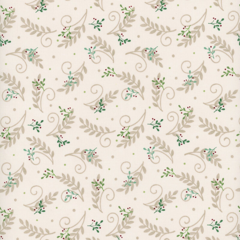 Beige fabric with a tossed pattern of tan leaves and swirls with green holly sprigs and red berries