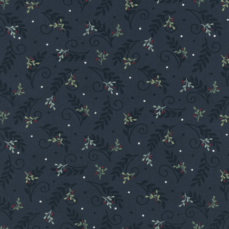 Midnight blue fabric with a tossed pattern of dark indigo leaves and swirls with green holly sprigs and red berries