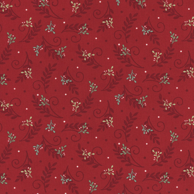 Cardinal red fabric with a tossed pattern of garnet leaves and swirls with green holly sprigs and white berries
