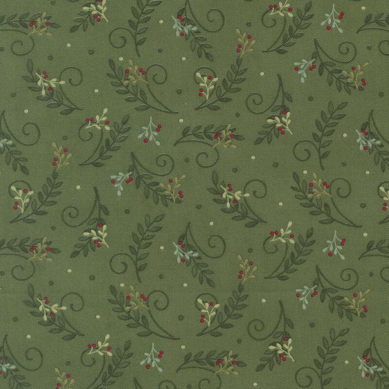 Moss green fabric with a tossed pattern of hunter green leaves and swirls with green holly sprigs and red berries
