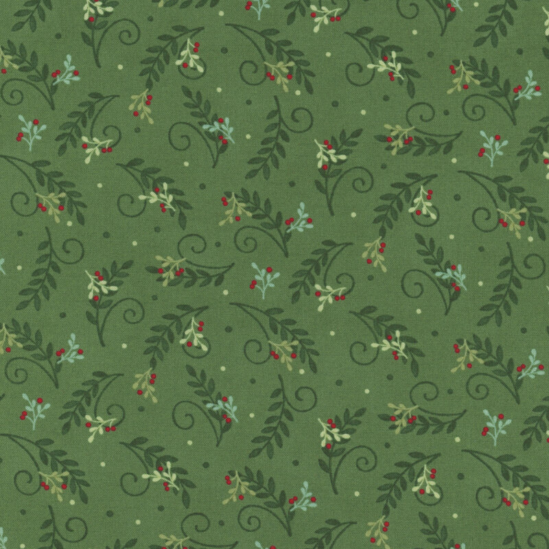 Moss green fabric with a tossed pattern of hunter green leaves and swirls with green holly sprigs and red berries
