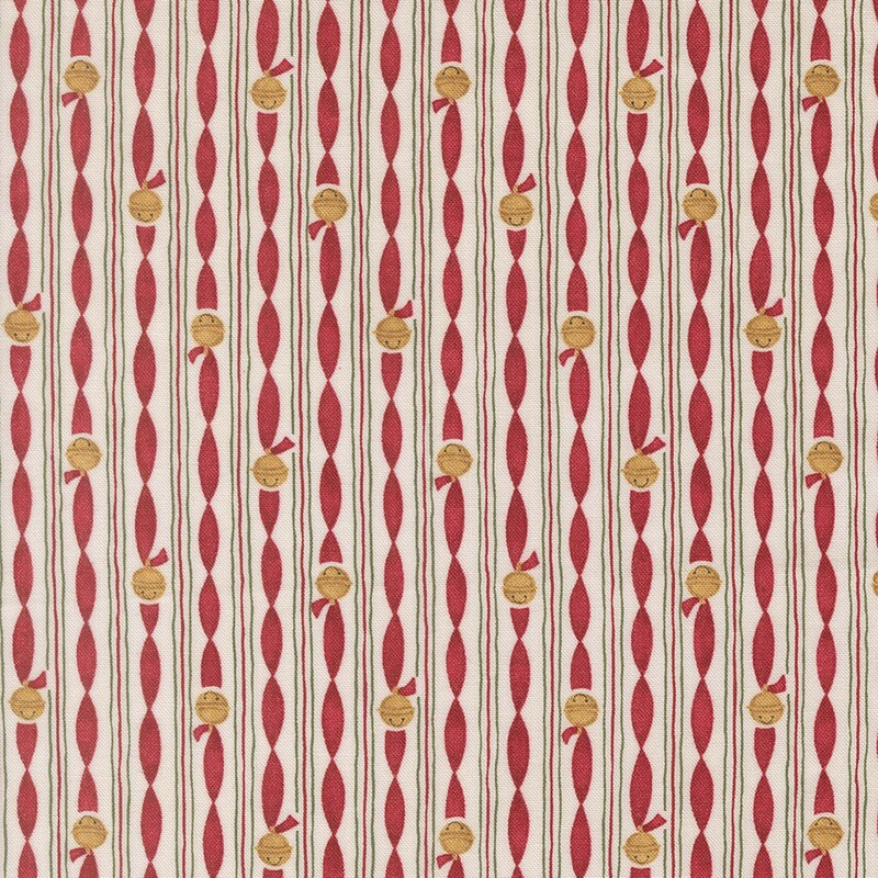 Taupe fabric striped featuring twisted red ribbons with golden sleigh bells and red and green lines in vertical stripes