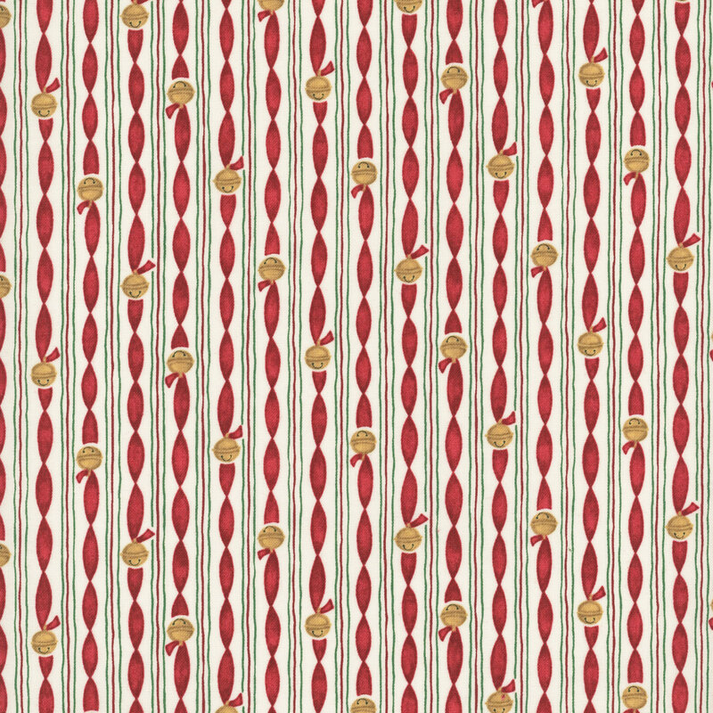 Taupe fabric striped featuring twisted red ribbons with golden sleigh bells and red and green lines in vertical stripes