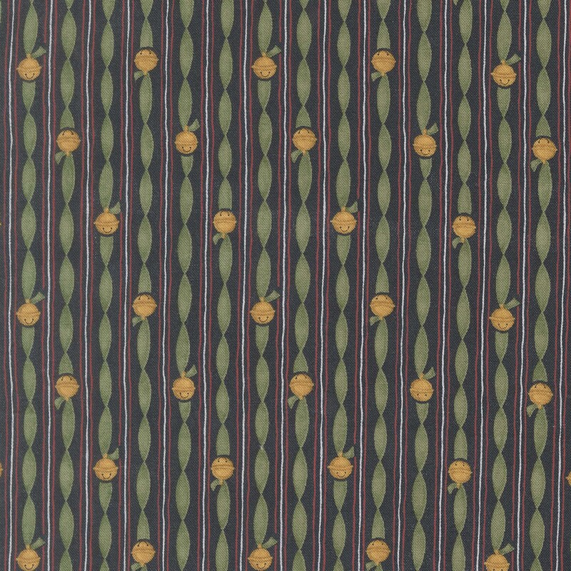 Navy blue fabric striped featuring twisted green ribbons with golden sleigh bells and red and green lines in vertical stripes