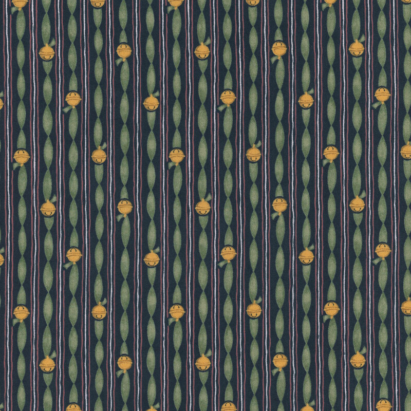 Navy blue fabric striped featuring twisted green ribbons with golden sleigh bells and red and green lines in vertical stripes