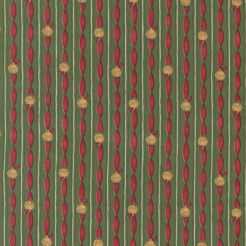 Moss green fabric striped featuring twisted red ribbons with golden sleigh bells and red and green lines in vertical stripes