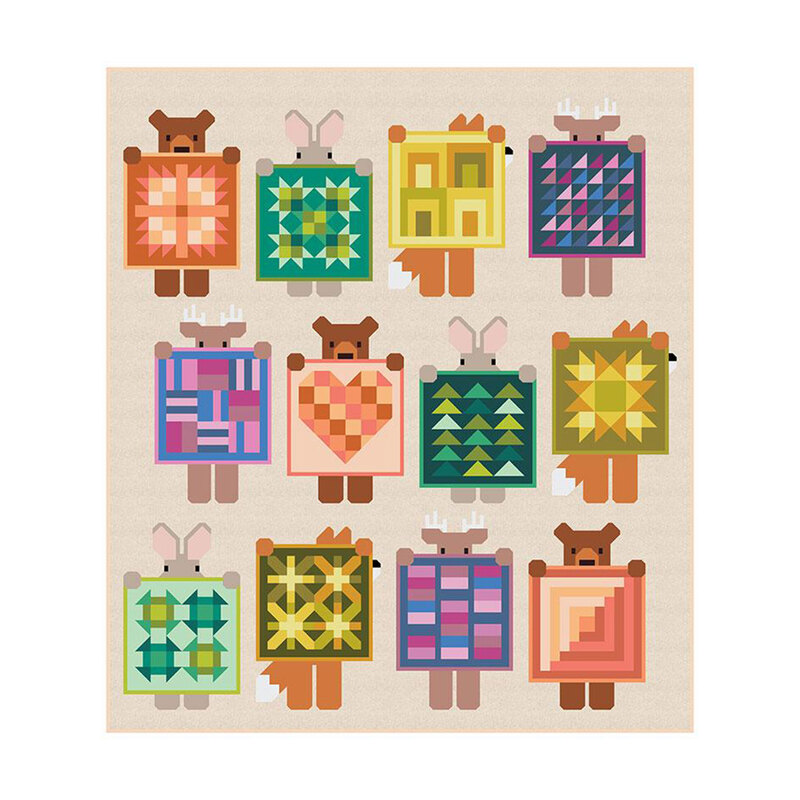 A digital mockup of the completed Show and Tell quilt, colored in vibrant green, orange, yellow, purple, and cream fabrics.