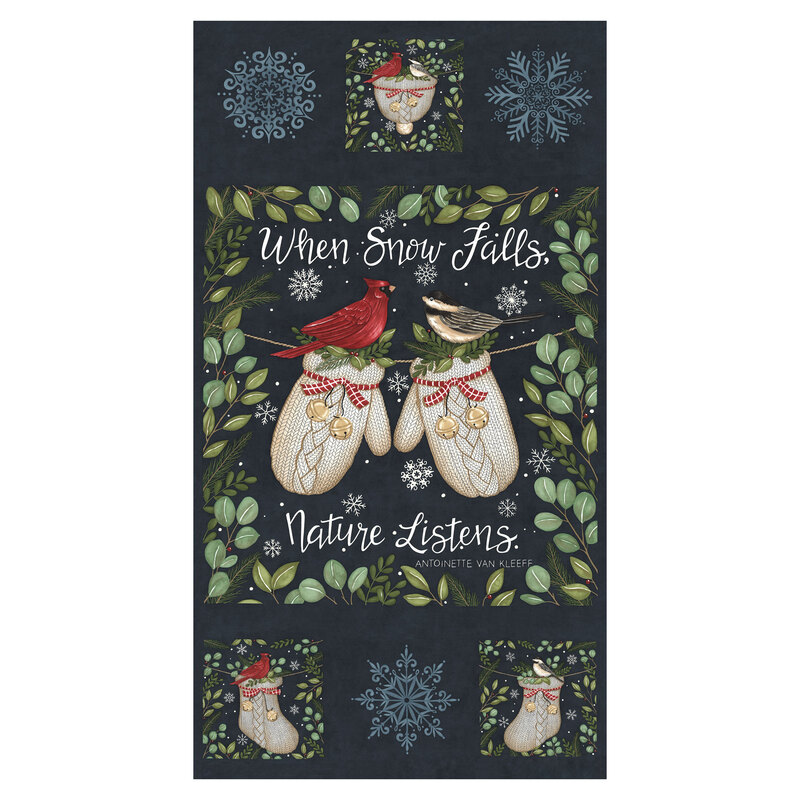 Mottled midnight blue fabric with the text 