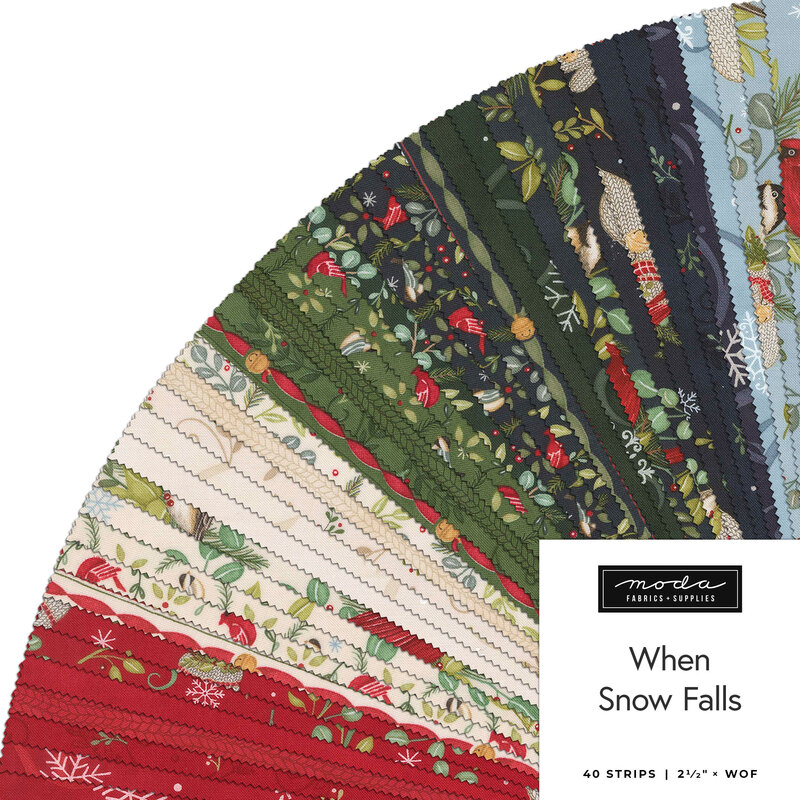 Fanned out collage of fabrics in the collection in navy, ice blue, red, cream, and green featuring birds, snowflakes and leaves
