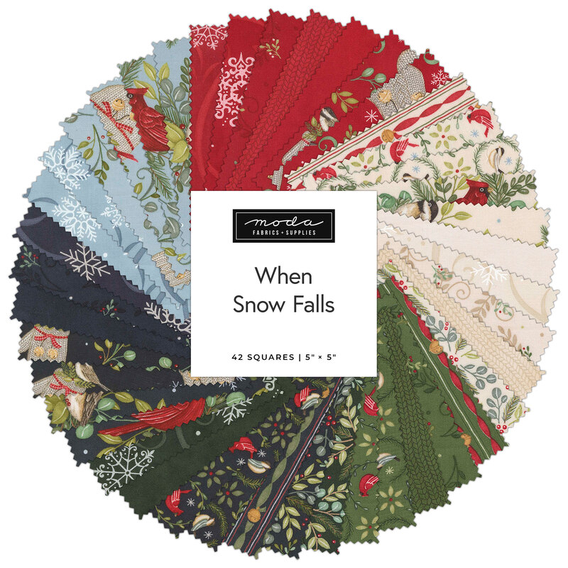 Circular collage of fabrics in the collection in navy, ice blue, red, cream, and green featuring birds, snowflakes and leaves