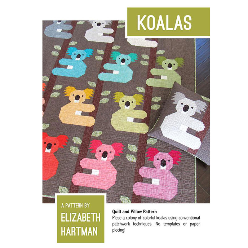 The front of the Koalas Quilt Pattern featuring cheerfully colored koalas in bamboo trees..