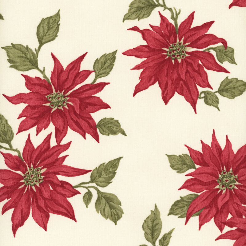 Cream fabric with a pattern of large stylized red poinsettias.