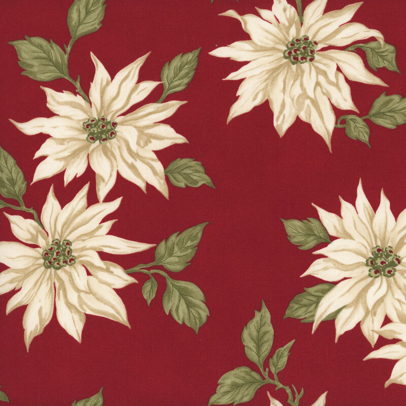 Red fabric with a pattern of large, stylized cream poinsettias.