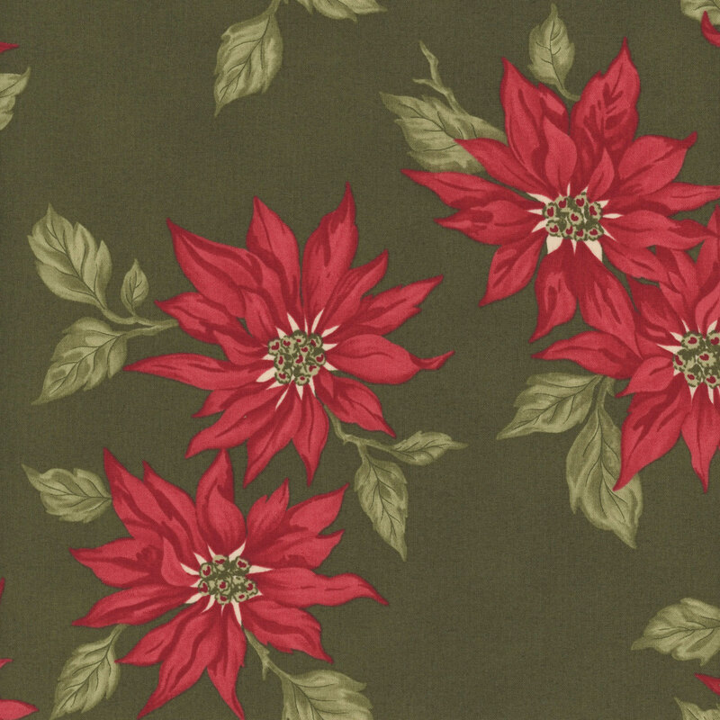 Sage green fabric with a pattern of large, red stylized poinsettias.