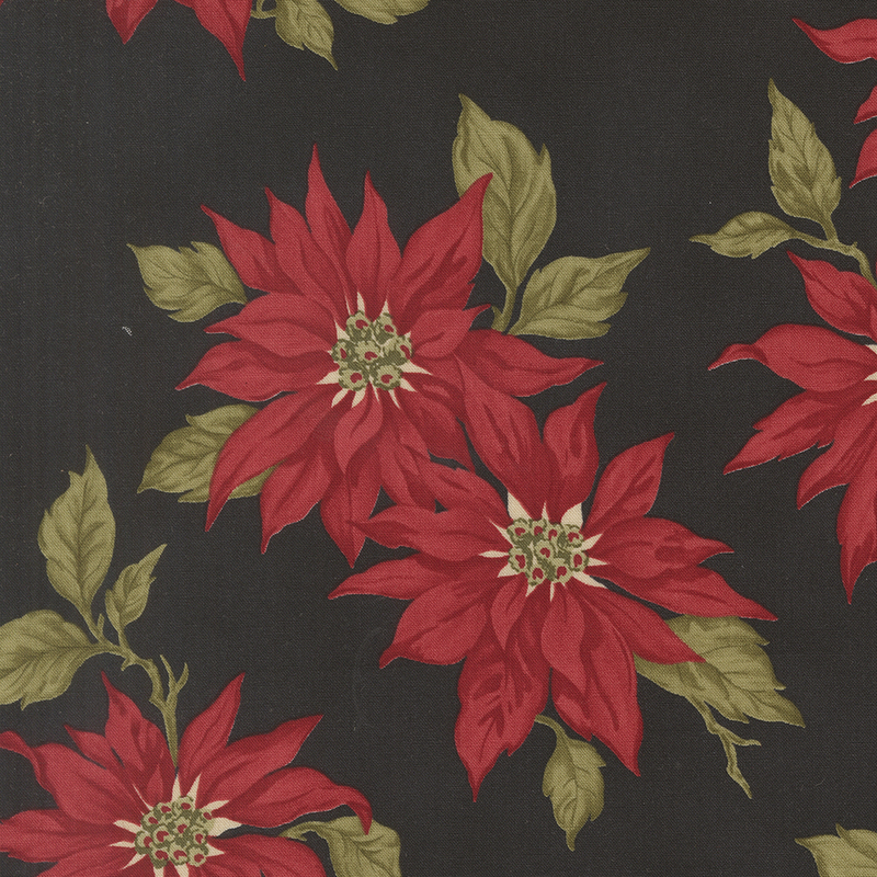 Black fabric with a pattern of large red stylized poinsettias.