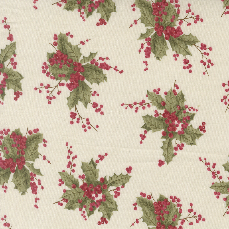 Cream fabric with clusters of holly accented with red drupes.