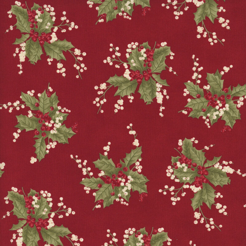 Dark red fabric with clusters of holly accented with white and red drupes.