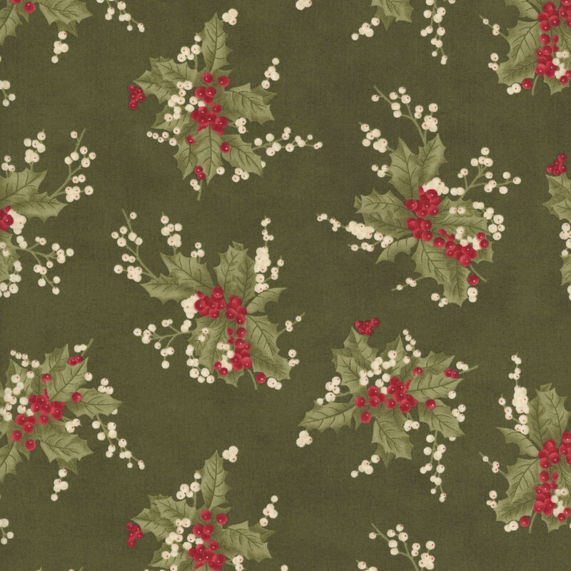 Sage green fabric with clusters of holly accented with white and red drupes.