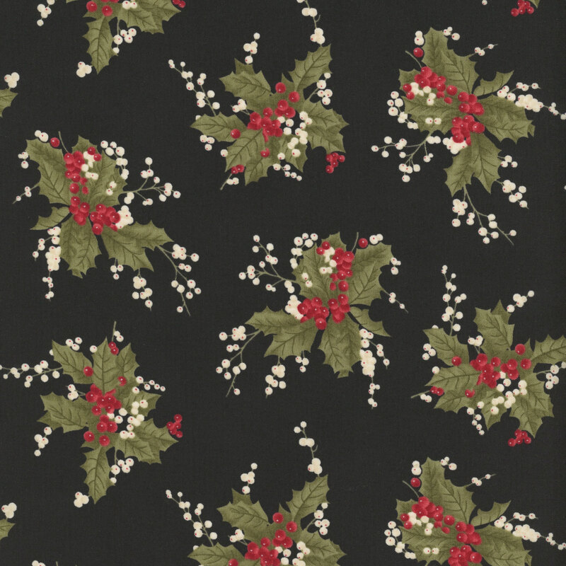 Black fabric with clusters of holly accented with white and red drupes.