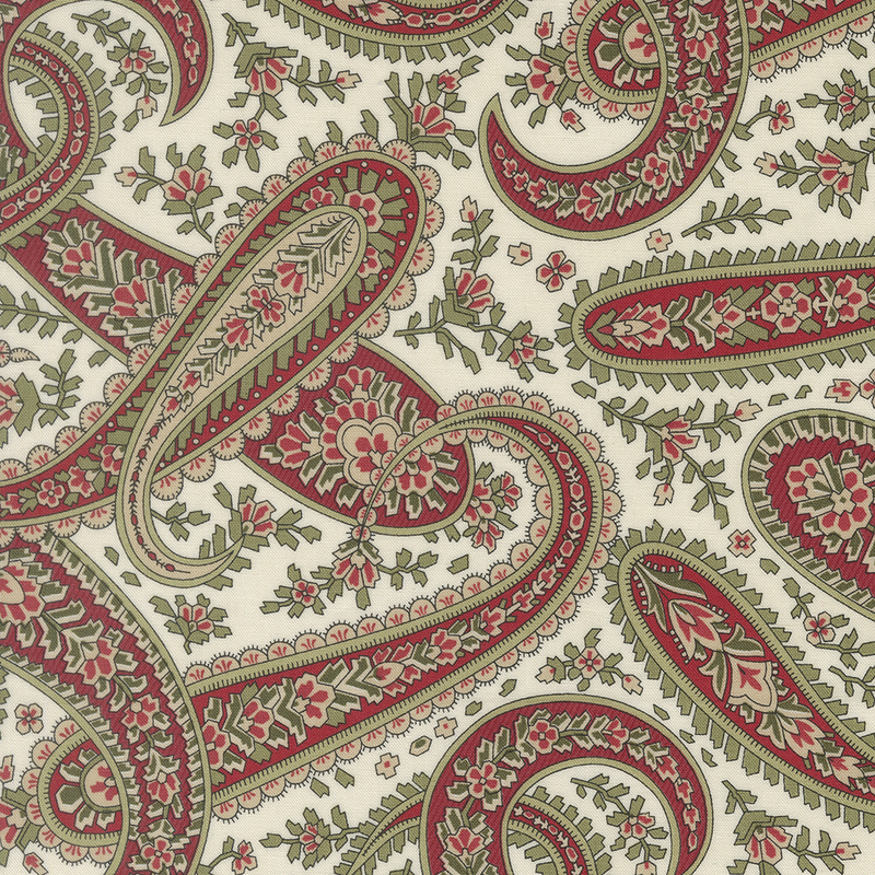 Cream fabric with a paisley design accented with stylized angular florals.