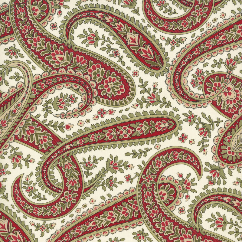 Cream fabric with a paisley design accented with stylized angular florals.
