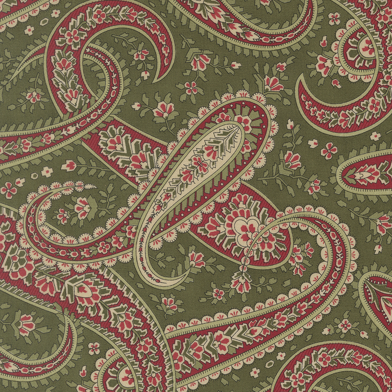 Sage green fabric with a paisley design accented with stylized angular florals.