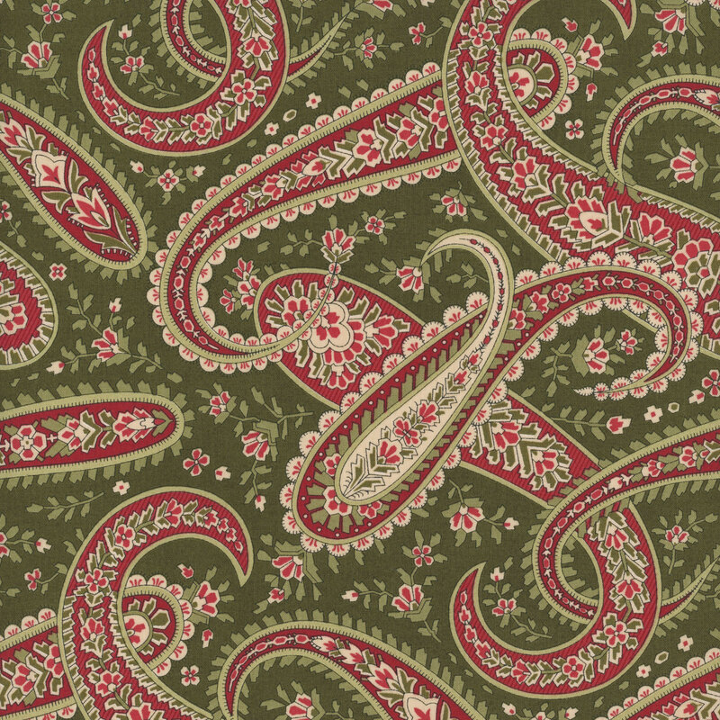 Sage green fabric with a paisley design accented with stylized angular florals.