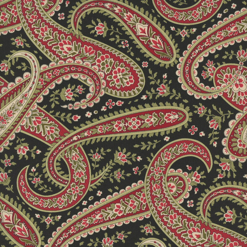 Black fabric with a paisley design accented with stylized angular florals.