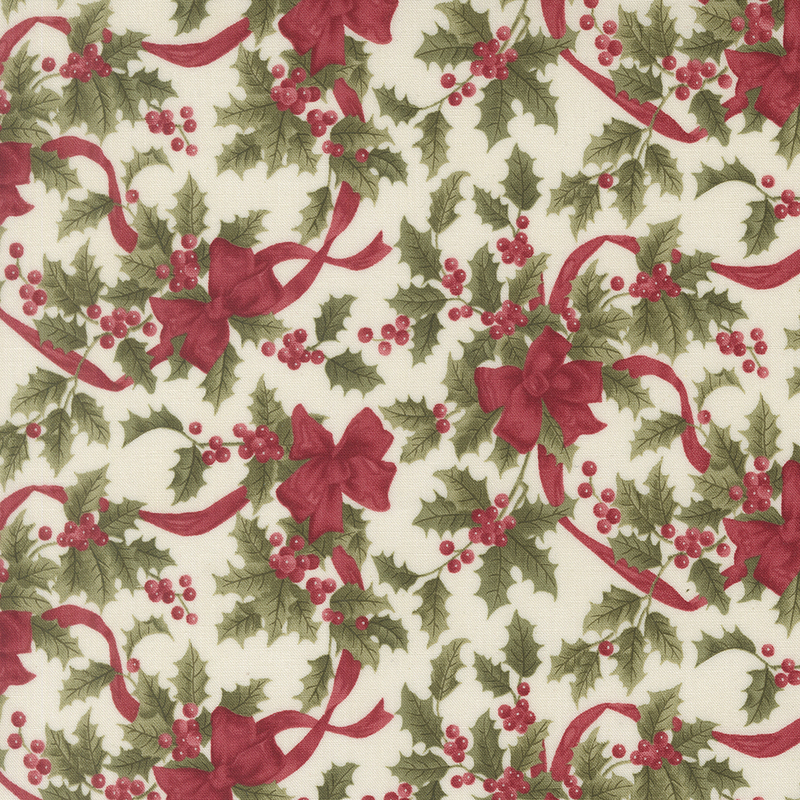 Cream fabric with bouquets of holly adorned with red ribbons.