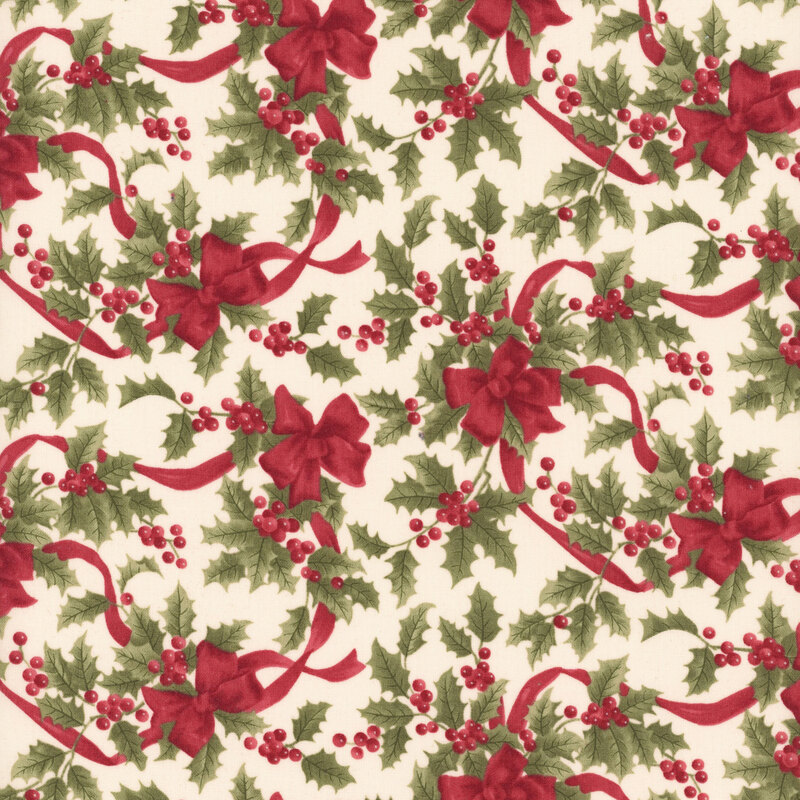 Cream fabric with bouquets of holly adorned with red ribbons.