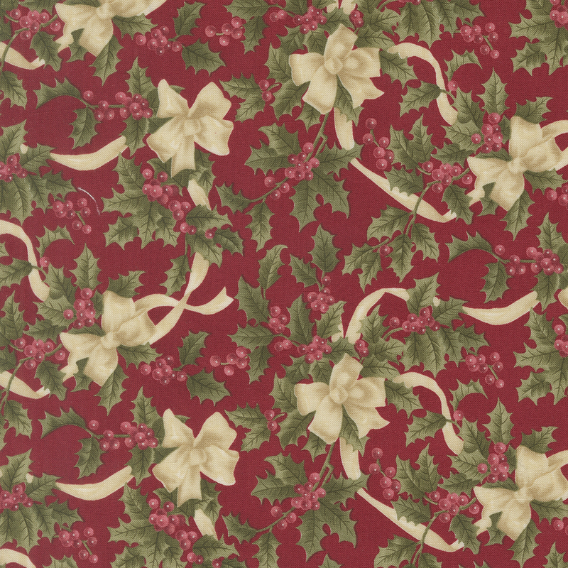Dark red fabric with bouquets of holly adorned with cream ribbons.