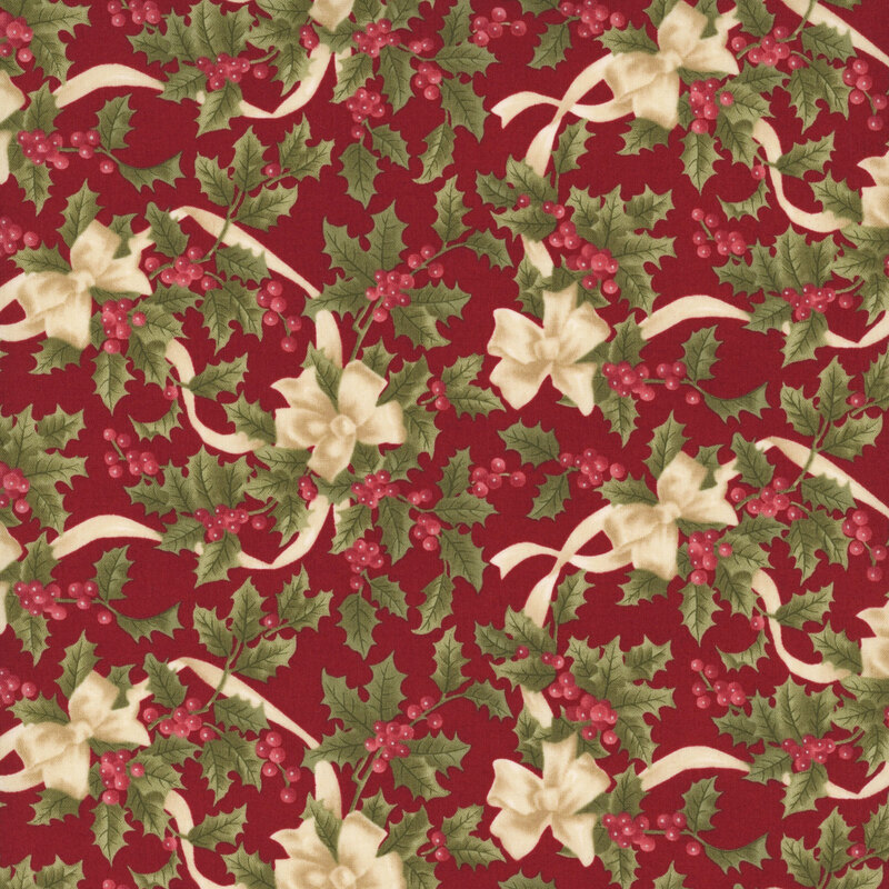 Dark red fabric with bouquets of holly adorned with cream ribbons.