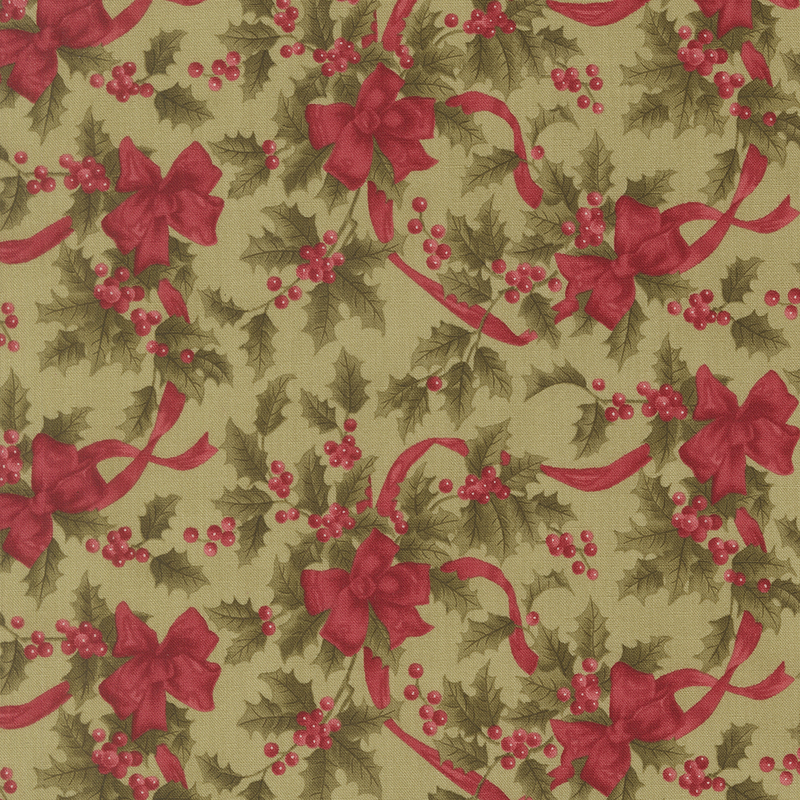 Khaki green fabric with bouquets of holly adorned with red ribbons.