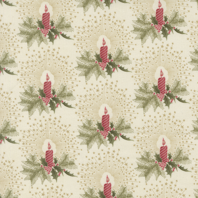 Cream fabric with a distinctive pattern of candles nestled in holly, with radiant stars emanating from their flames.