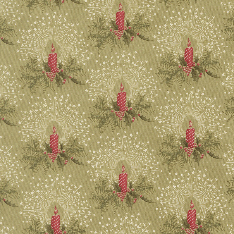 Khaki green fabric with a distinctive pattern of candles nestled in holly, with radiant stars emanating from their flames.