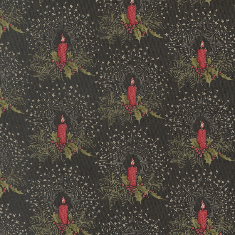 Black fabric with a distinctive pattern of candles nestled in holly, with radiant stars emanating from their flames.