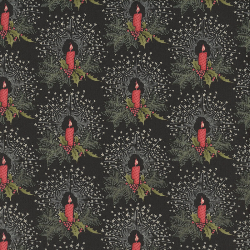 Black fabric with a distinctive pattern of candles nestled in holly, with radiant stars emanating from their flames.