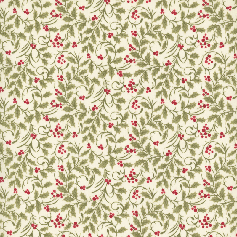Cream fabric with a dense pattern of swirling holly vines adorned with red drupes.