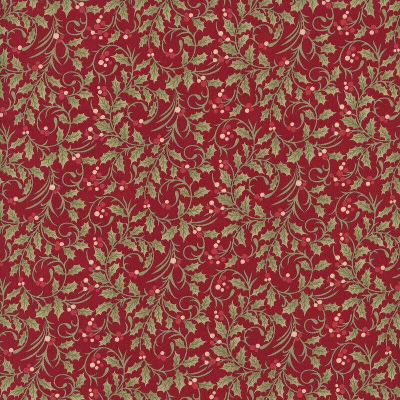 Red fabric with a dense pattern of swirling holly vines adorned with red and white drupes.