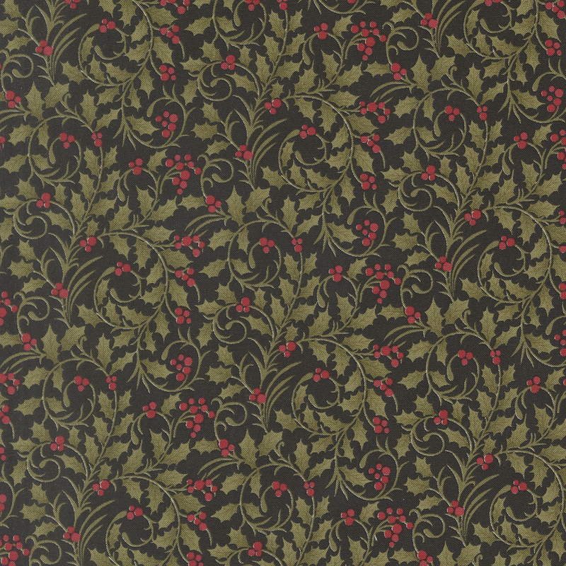 Black fabric with a dense pattern of swirling holly vines adorned with red drupes.