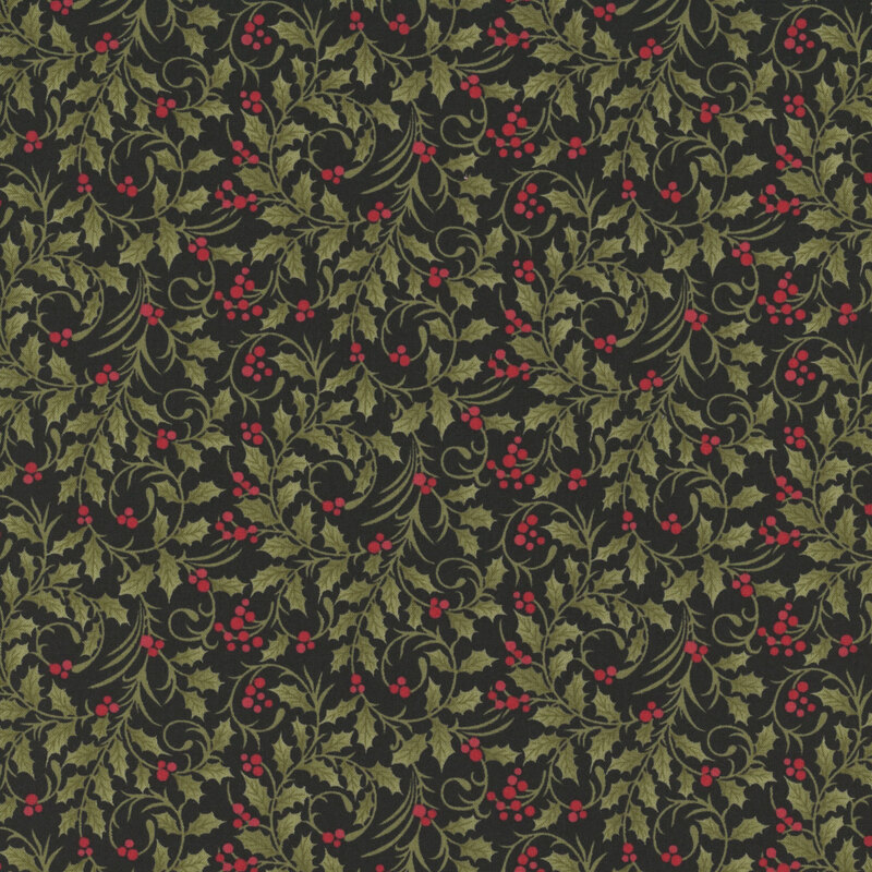 Black fabric with a dense pattern of swirling holly vines adorned with red drupes.