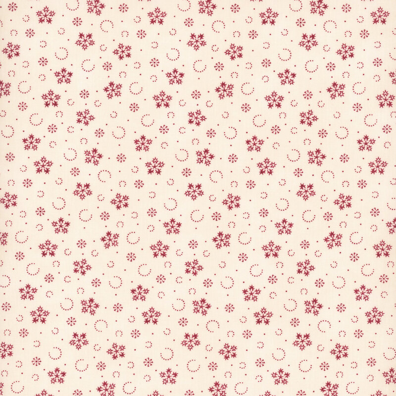 Mottled white fabric with a pattern of stylized red snowflakes and tiny pindots.