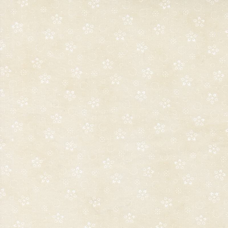 Mottled cream fabric with a tonal pattern of stylized snowflakes and tiny pindots.