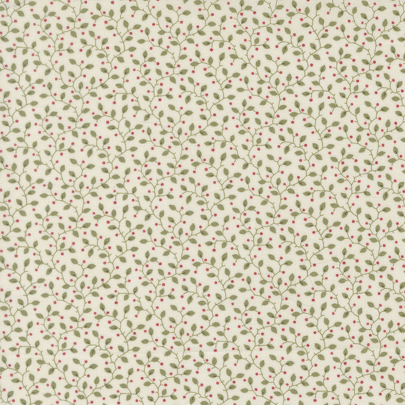 Cream fabric with a pattern of leaves accented with subtle red sprigs.