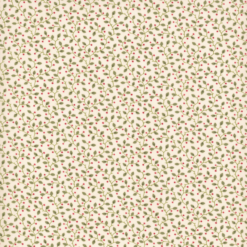 Cream fabric with a pattern of leaves accented with subtle red sprigs.