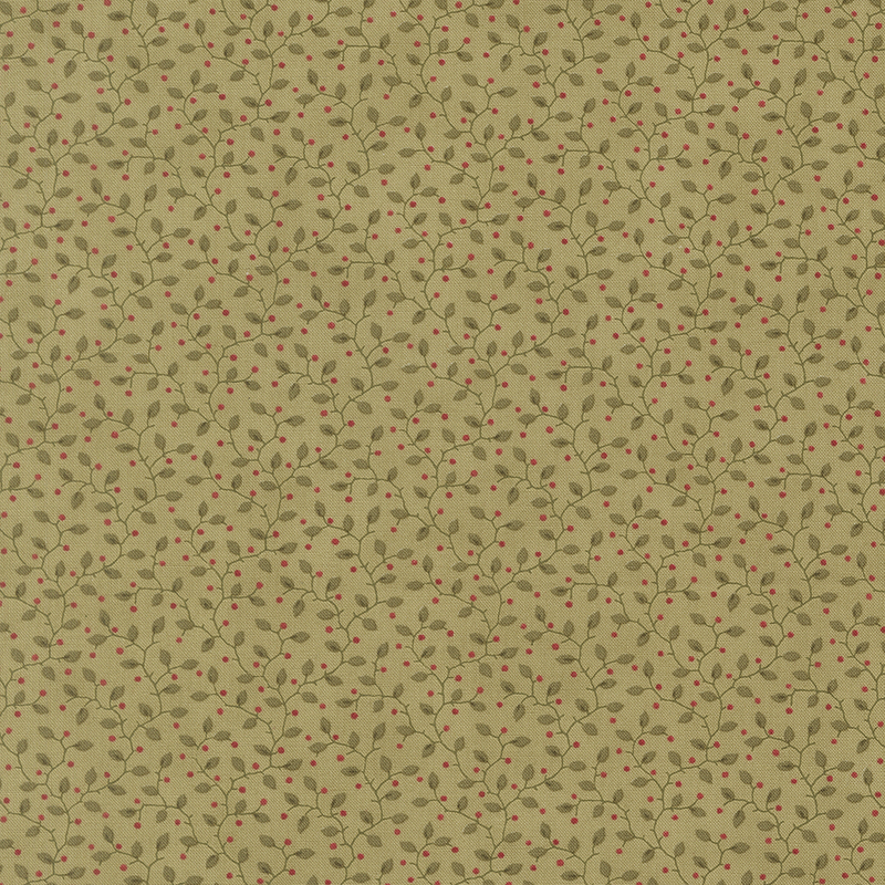 Khaki green fabric with a pattern of leaves accented with subtle red sprigs.