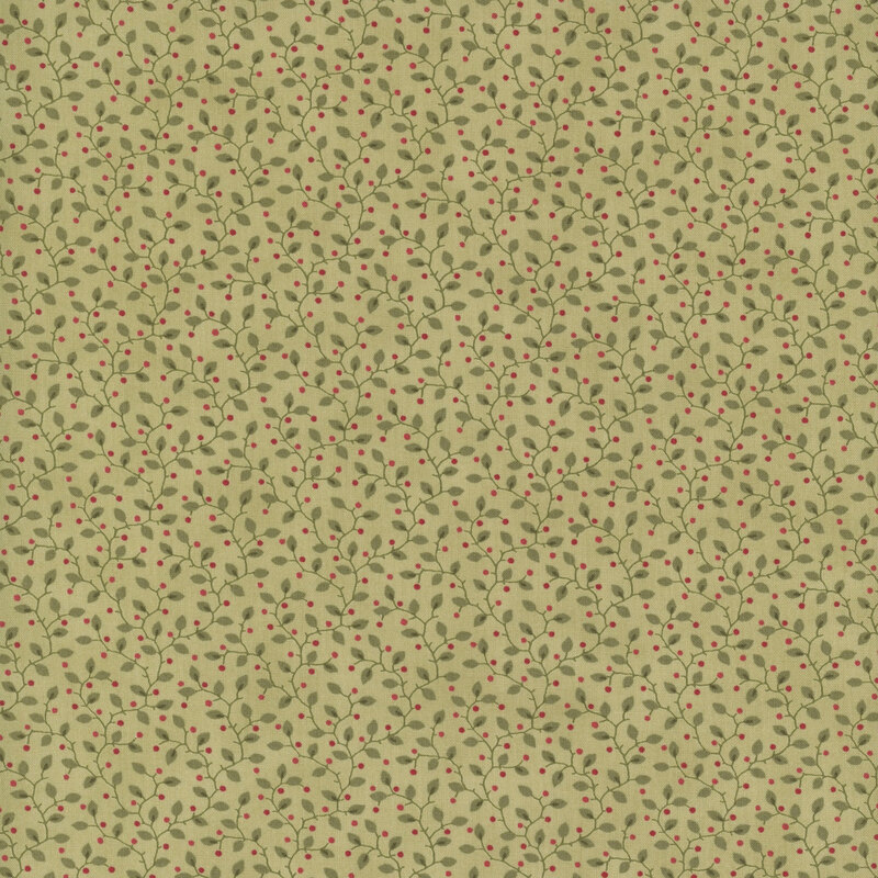 Khaki green fabric with a pattern of leaves accented with subtle red sprigs.