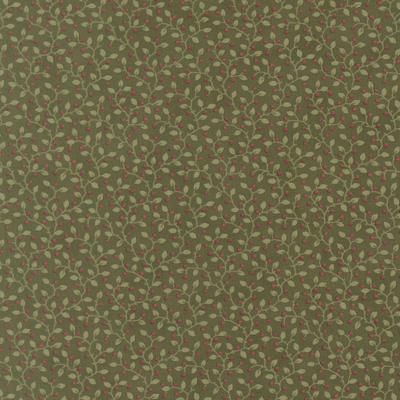 Sage green fabric with a pattern of leaves accented with subtle red sprigs.