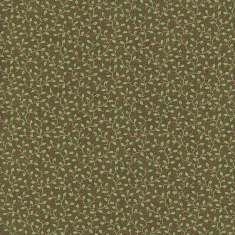 Sage green fabric with a pattern of leaves accented with subtle red sprigs.