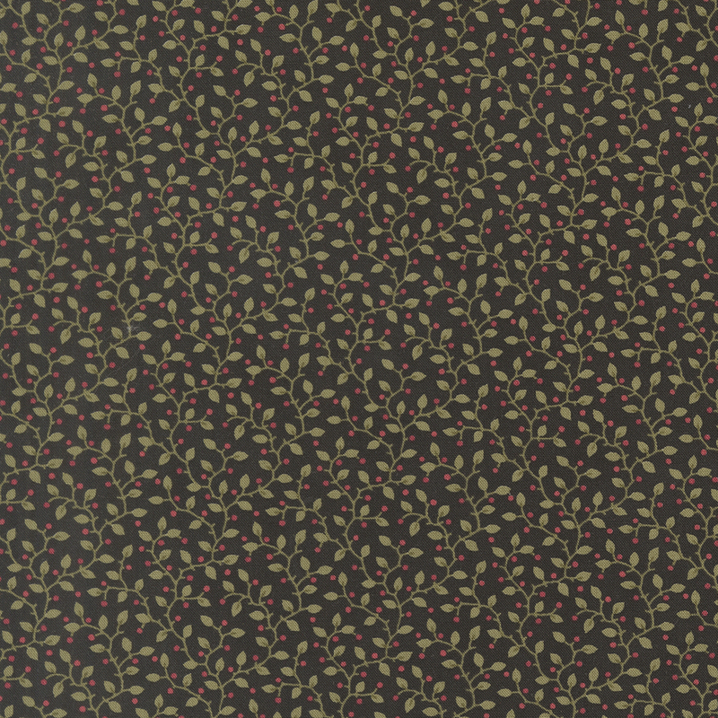Black fabric with a pattern of leaves accented with subtle red sprigs.